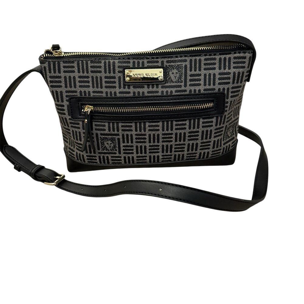 Anne Klein Crossbody Bag Womens Small Black Grey Geometric Logo Gold Hardware